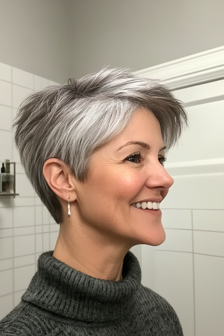 9. Ash Brown Silver-Blend Pixie (Pixie Haircuts For Women Over 50 With Silver Hair) - Pixie Haircuts For Women Over 50 With Silver Hair