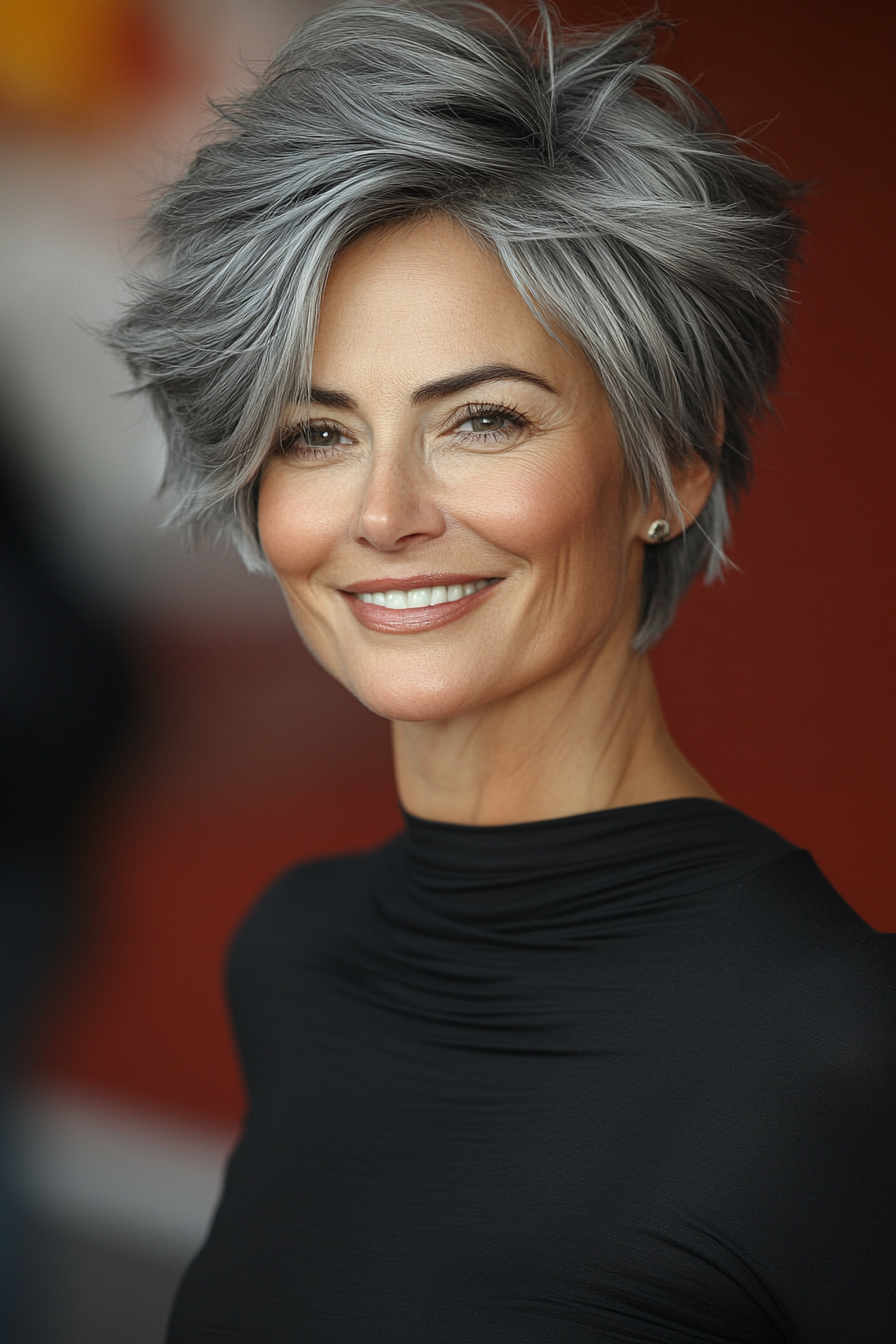 10. Charcoal Textured Pixie with Volume (Pixie Haircuts For Women Over 50 With Silver Hair) - Pixie Haircuts For Women Over 50 With Silver Hair