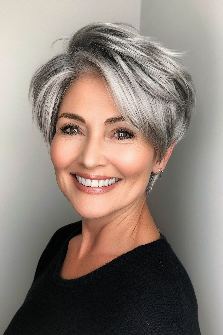 11. Dimensional Silver Balayage Pixie (Pixie Haircuts For Women Over 50 With Silver Hair) - Pixie Haircuts For Women Over 50 With Silver Hair