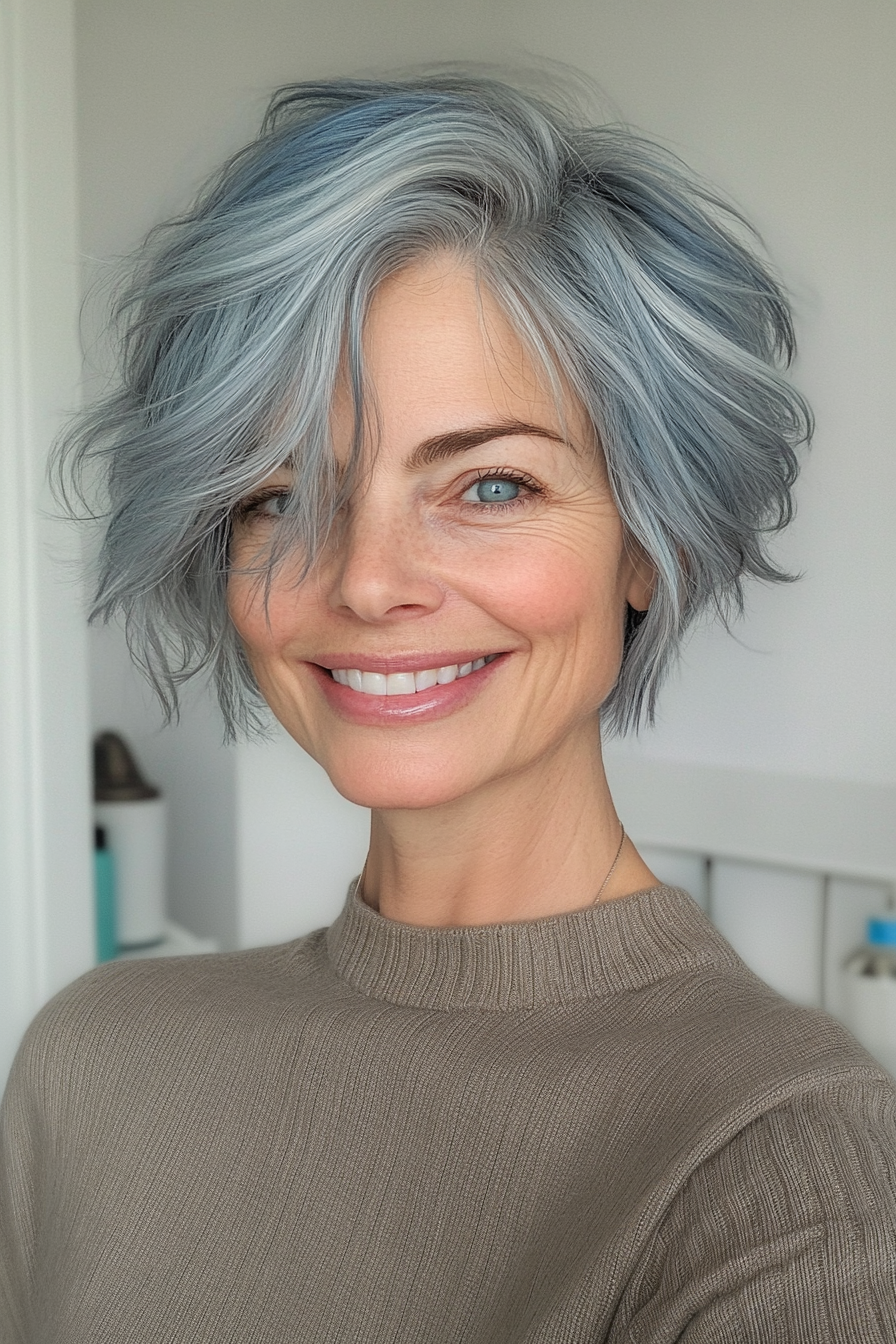 16. Steel Blue-Tinted Pixie Crop (Pixie Haircuts For Women Over 50 With Silver Hair) - Pixie Haircuts For Women Over 50 With Silver Hair