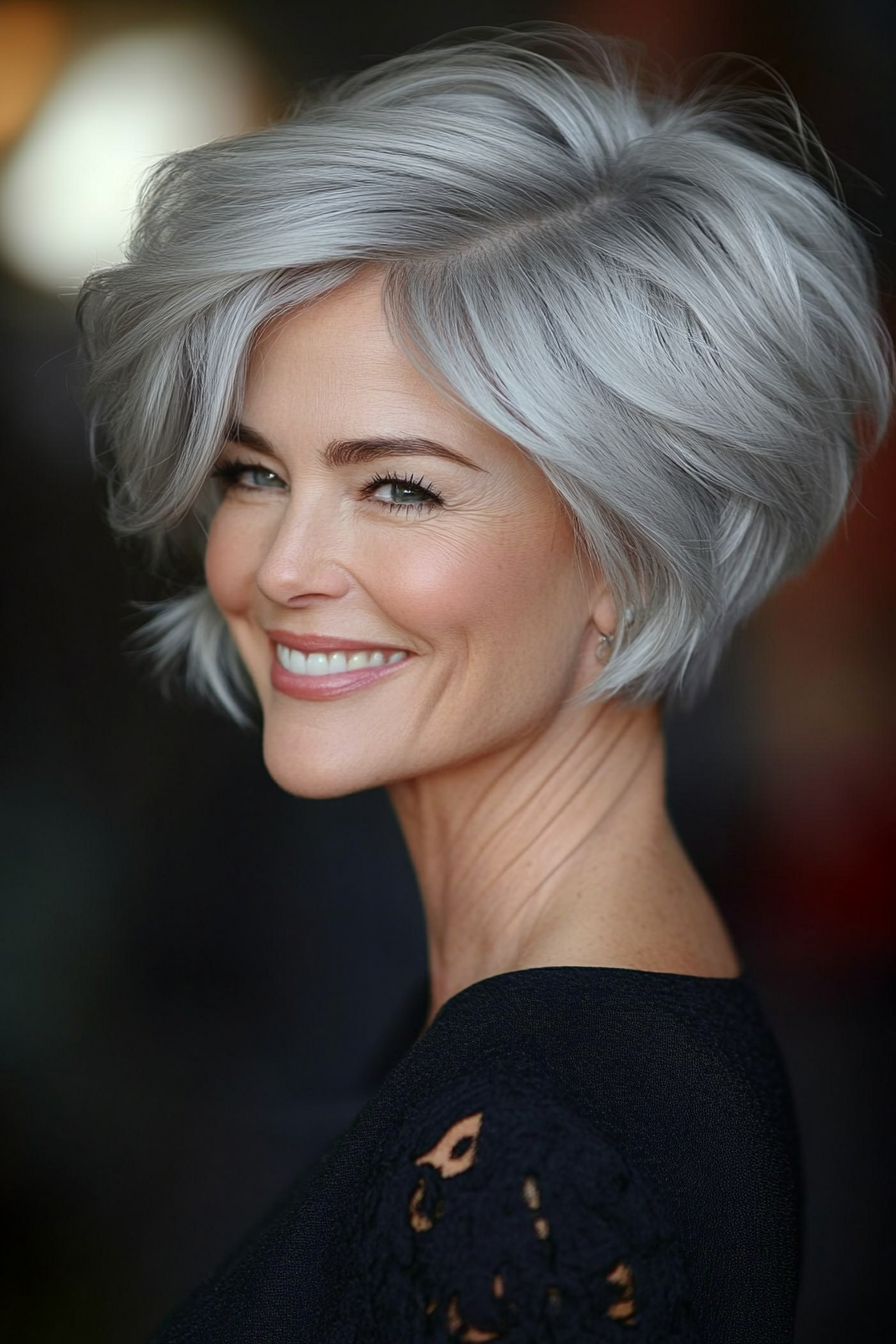 17. Elegant Pearl Gray Pixie Bob (Pixie Haircuts For Women Over 50 With Silver Hair) - Pixie Haircuts For Women Over 50 With Silver Hair