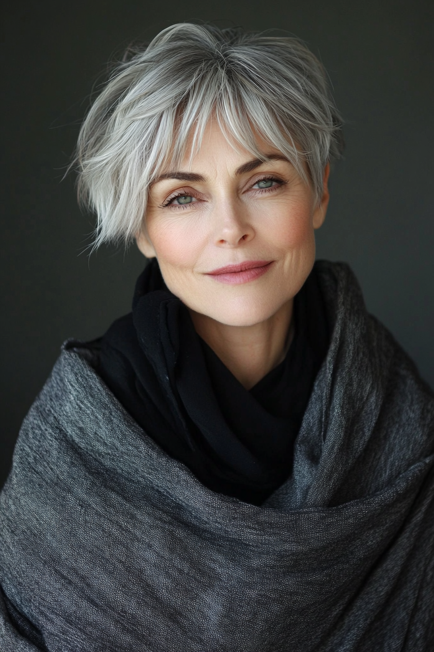 19. Soft Mushroom Gray Layered Pixie (Pixie Haircuts For Women Over 50 With Silver Hair) - Pixie Haircuts For Women Over 50 With Silver Hair