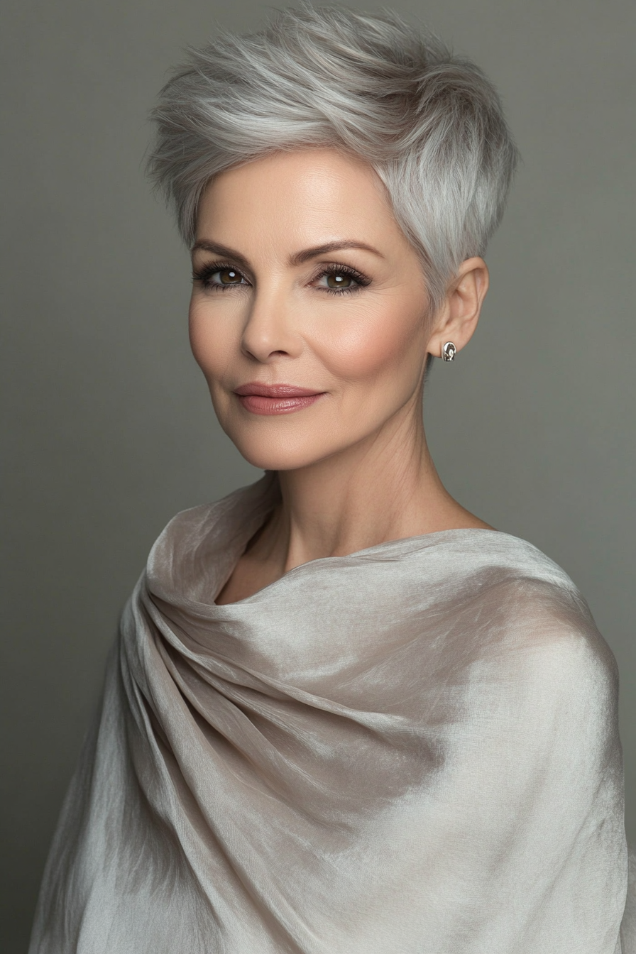 20. Subtle Smoky Taupe Pixie (Pixie Haircuts For Women Over 50 With Silver Hair) - Pixie Haircuts For Women Over 50 With Silver Hair