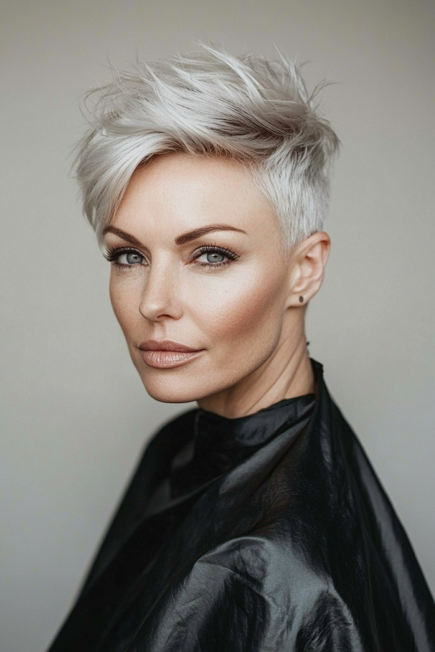 21. Platinum Silver Pixie with Undercut Nape (Pixie Haircuts For Women Over 50 With Silver Hair) - Pixie Haircuts For Women Over 50 With Silver Hair