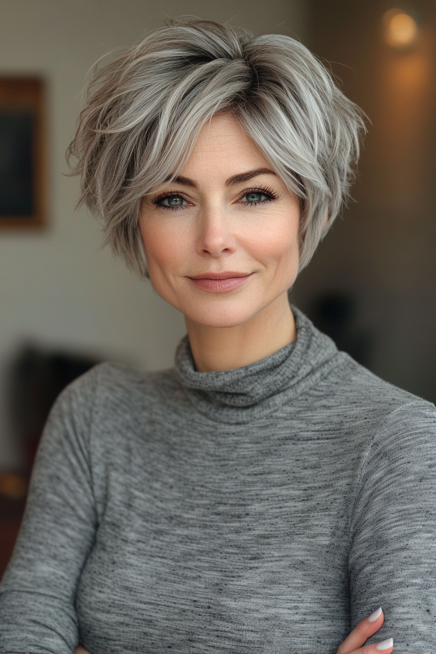 22. Silvery Brunette Tousled Pixie (Pixie Haircuts For Women Over 50 With Silver Hair) - Pixie Haircuts For Women Over 50 With Silver Hair