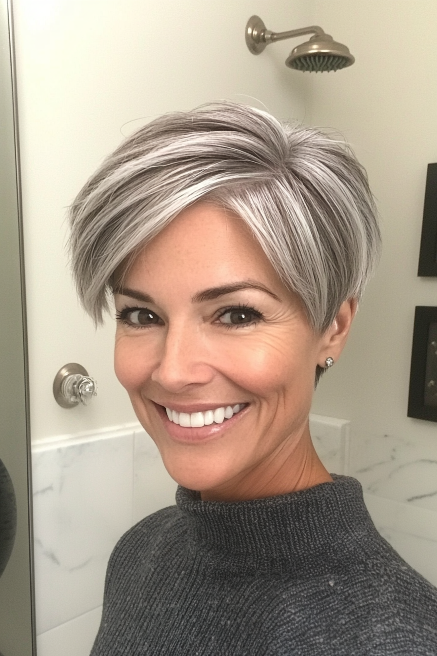 23. Muted Cocoa Gray Soft Pixie (Pixie Haircuts For Women Over 50 With Silver Hair) - Pixie Haircuts For Women Over 50 With Silver Hair
