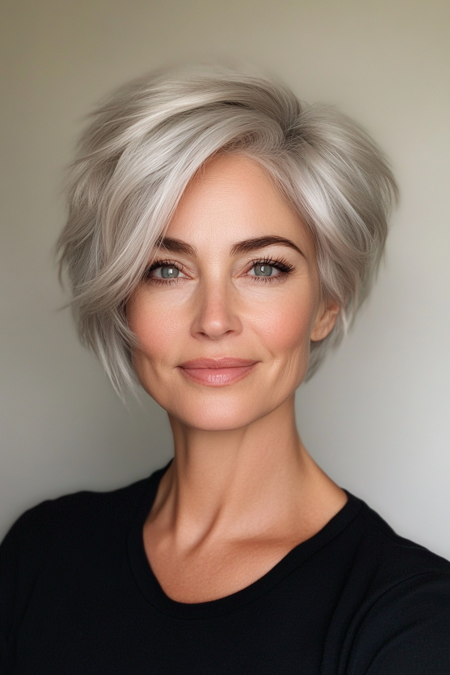 24. Ash Blonde-Silver Cropped Pixie (Pixie Haircuts For Women Over 50 With Silver Hair) - Pixie Haircuts For Women Over 50 With Silver Hair