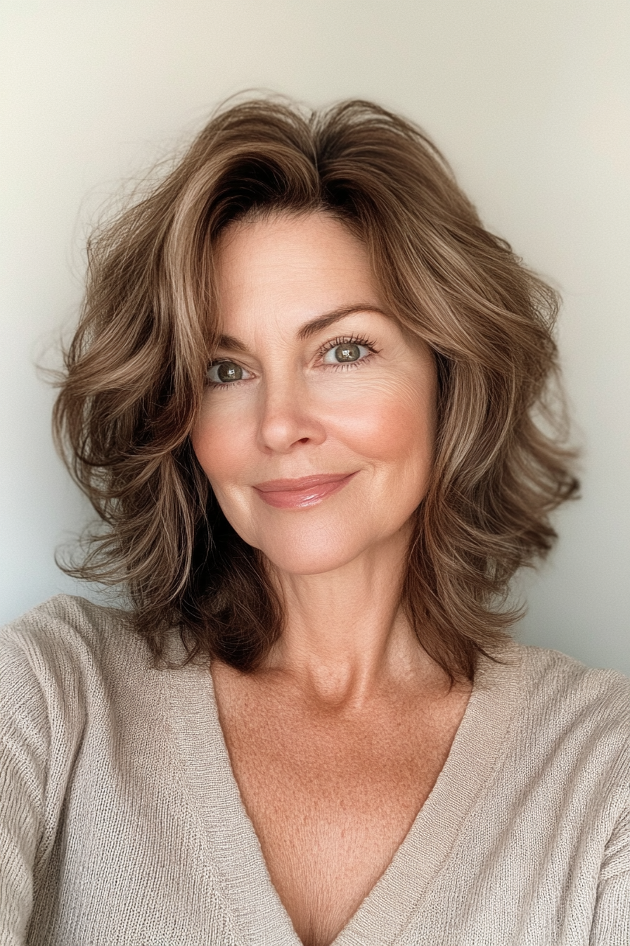 1. Soft Feathered Bob with Chestnut Brown Tones (Hairstyles For Women Over 50 With Wavy Hair) - Hairstyles For Women Over 50 With Wavy Hair