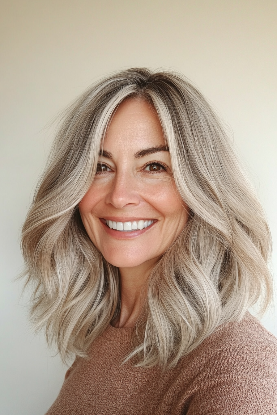 3. Layered Lob with Sandy Blonde Dimension (Hairstyles For Women Over 50 With Wavy Hair) - Hairstyles For Women Over 50 With Wavy Hair