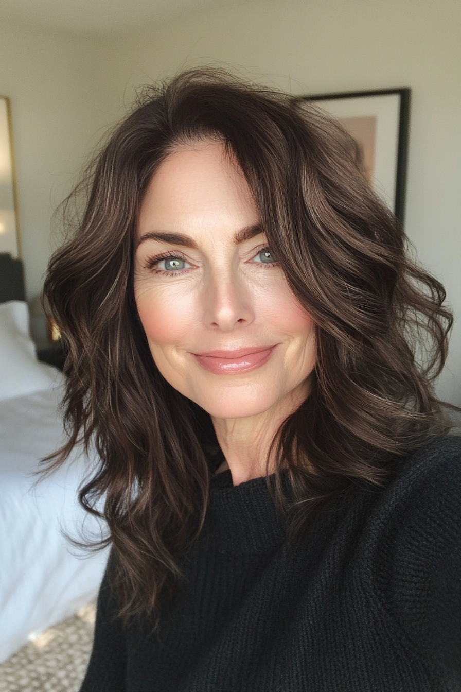 4. Classic Wavy Cut with Deep Brunette Hue (Hairstyles For Women Over 50 With Wavy Hair) - Hairstyles For Women Over 50 With Wavy Hair