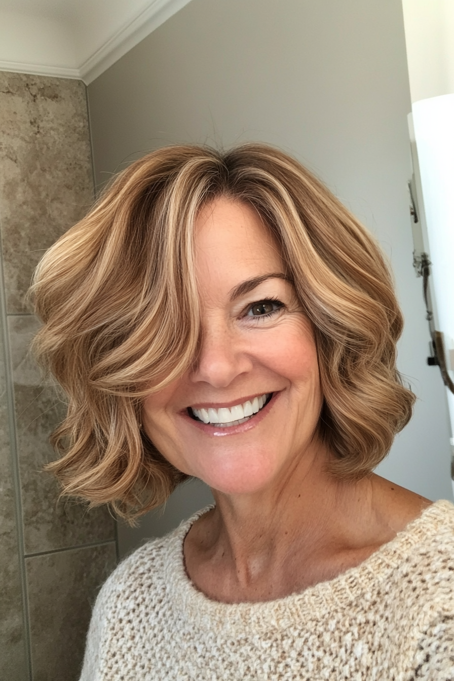 5. Side-Parted Bob with Warm Honey Blonde (Hairstyles For Women Over 50 With Wavy Hair) - Hairstyles For Women Over 50 With Wavy Hair