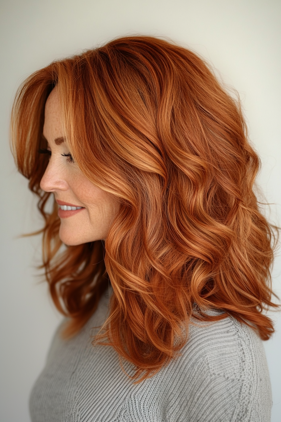 8. Tapered Layers with Natural Auburn Shine (Hairstyles For Women Over 50 With Wavy Hair) - Hairstyles For Women Over 50 With Wavy Hair
