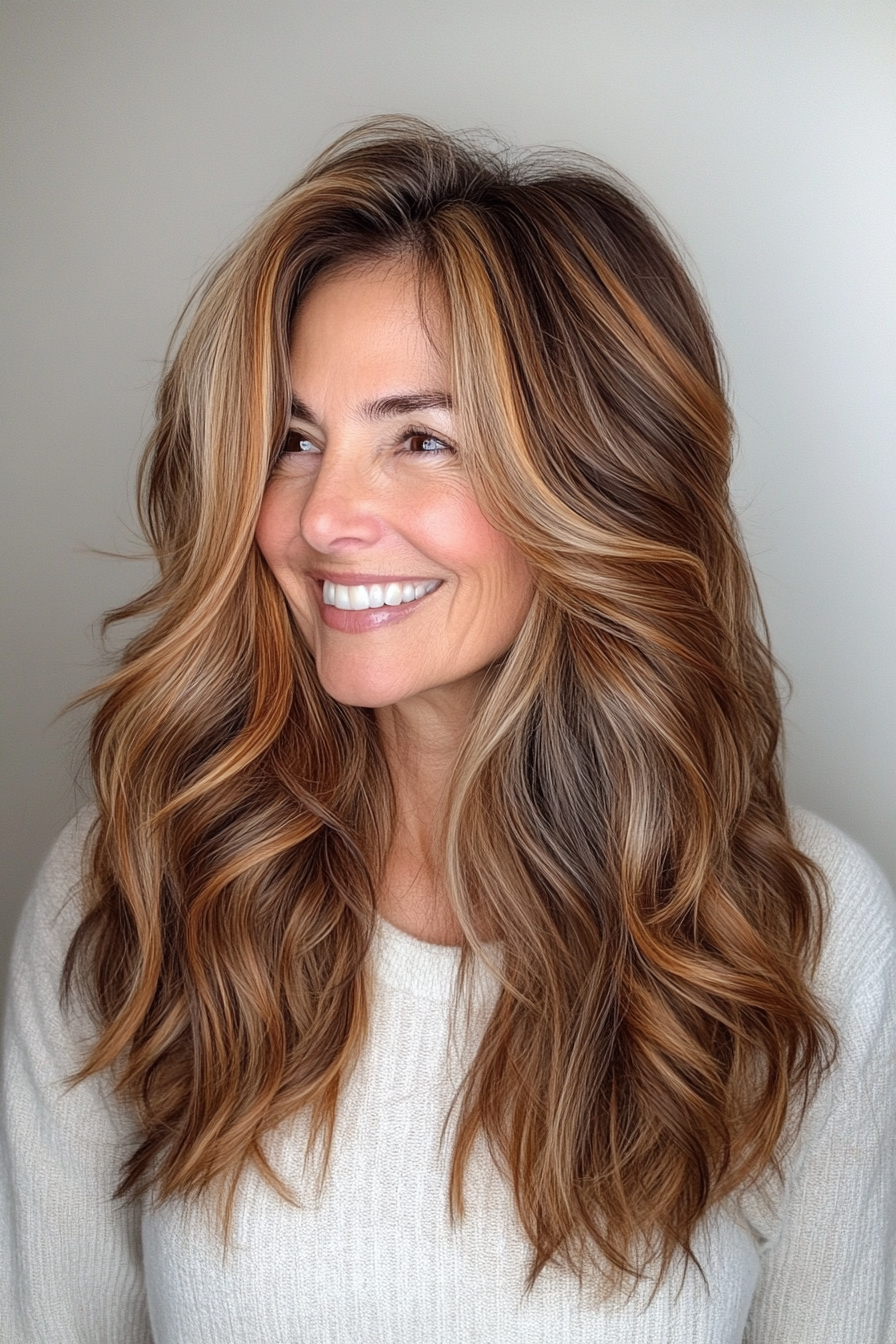 15. Layered Cut with Caramel Brown Ribbons (Hairstyles For Women Over 50 With Wavy Hair) - Hairstyles For Women Over 50 With Wavy Hair