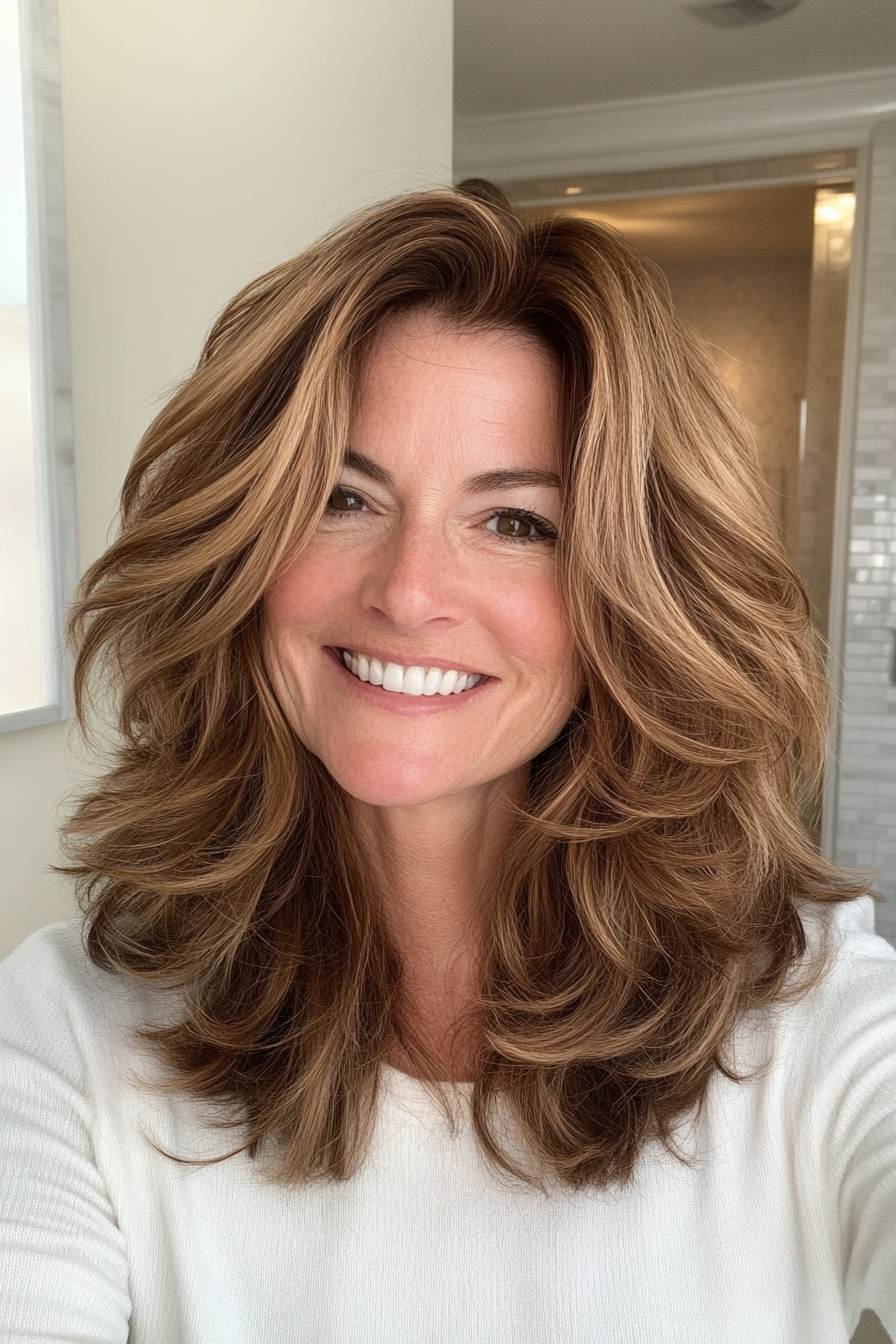 16. Neck-Length Shag with Warm Chestnut Dimension (Hairstyles For Women Over 50 With Wavy Hair) - Hairstyles For Women Over 50 With Wavy Hair