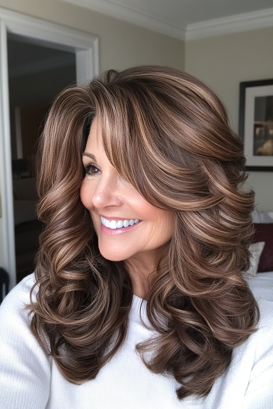 18. Side-Swept Curls with Mocha Brown Tones (Hairstyles For Women Over 50 With Wavy Hair) - Hairstyles For Women Over 50 With Wavy Hair