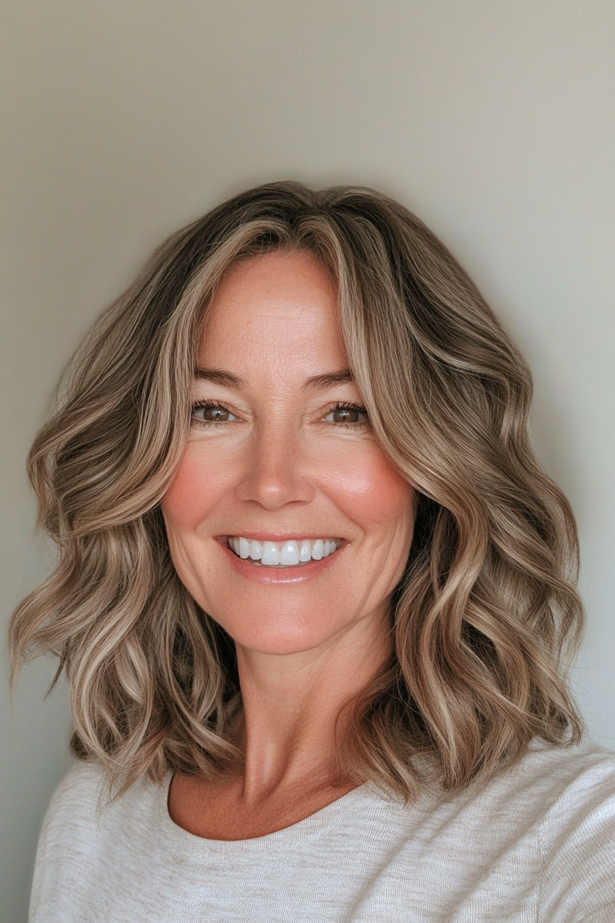 19. Shoulder Grazing Waves with Light Brown Layers (Hairstyles For Women Over 50 With Wavy Hair) - Hairstyles For Women Over 50 With Wavy Hair