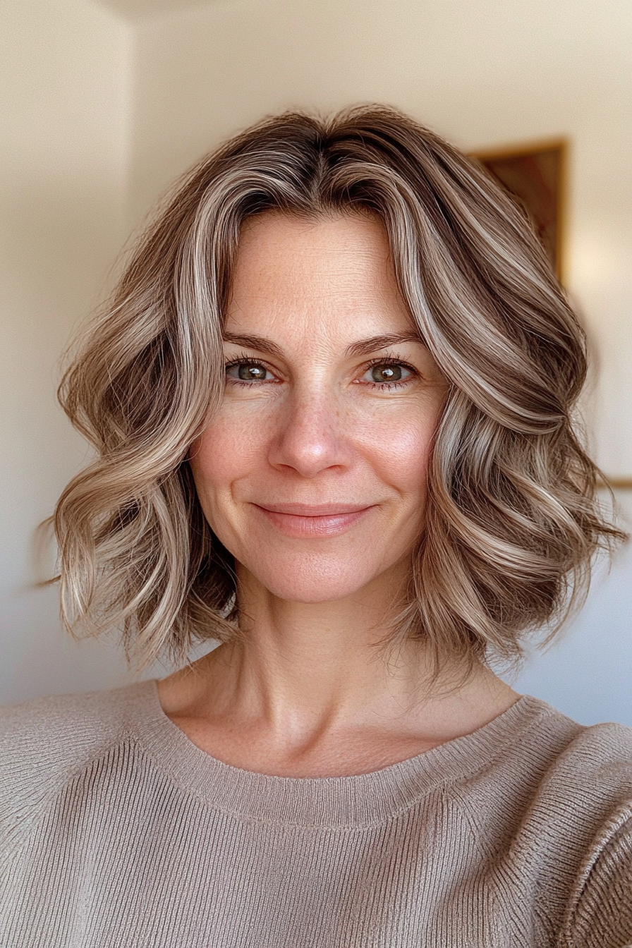 23. Wavy Bob with Light Ash Brown Subtlety (Hairstyles For Women Over 50 With Wavy Hair) - Hairstyles For Women Over 50 With Wavy Hair