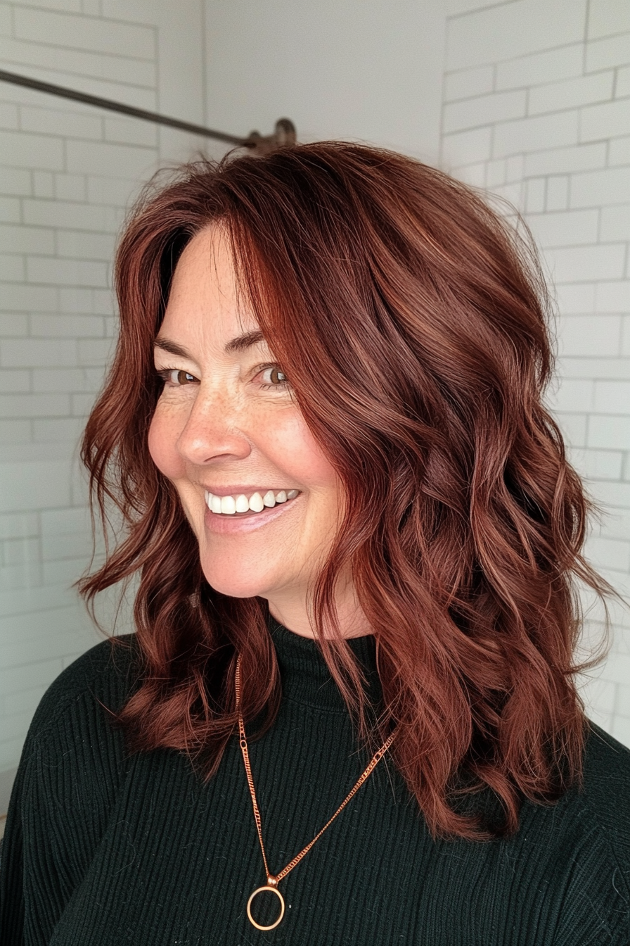 24. Choppy Mid-Length Cut with Rich Mahogany Depth (Hairstyles For Women Over 50 With Wavy Hair) - Hairstyles For Women Over 50 With Wavy Hair