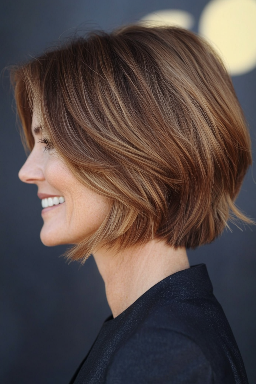 1. Chin-Length Textured Bob in Soft Chestnut (Short Stylish Hairstyles For Women Over 50) - Short Stylish Hairstyles For Women Over 50