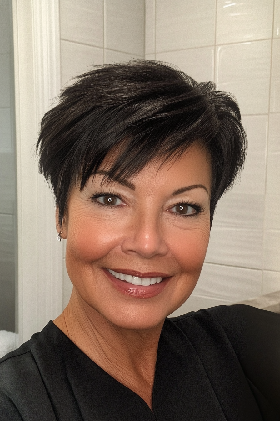 2. Feathered Pixie Cut in Natural Black (Short Stylish Hairstyles For Women Over 50) - Short Stylish Hairstyles For Women Over 50