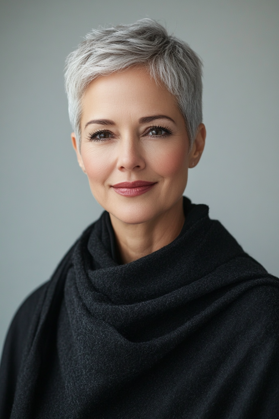 4. Tapered Salt-and-Pepper Pixie (Short Stylish Hairstyles For Women Over 50) - Short Stylish Hairstyles For Women Over 50