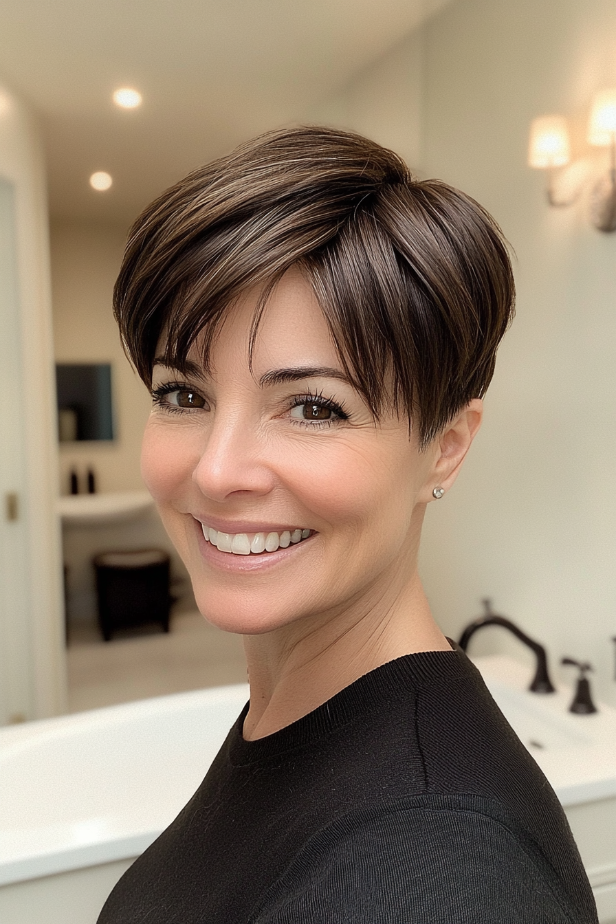 11. Modern French Crop in Natural Brunette (Short Stylish Hairstyles For Women Over 50) - Short Stylish Hairstyles For Women Over 50