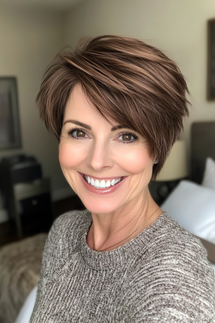 13. Layered Razor Cut in Cocoa Brown (Short Stylish Hairstyles For Women Over 50) - Short Stylish Hairstyles For Women Over 50