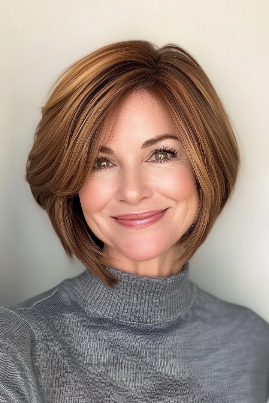 14. Rounded Bob with Layers in Warm Chestnut (Short Stylish Hairstyles For Women Over 50) - Short Stylish Hairstyles For Women Over 50