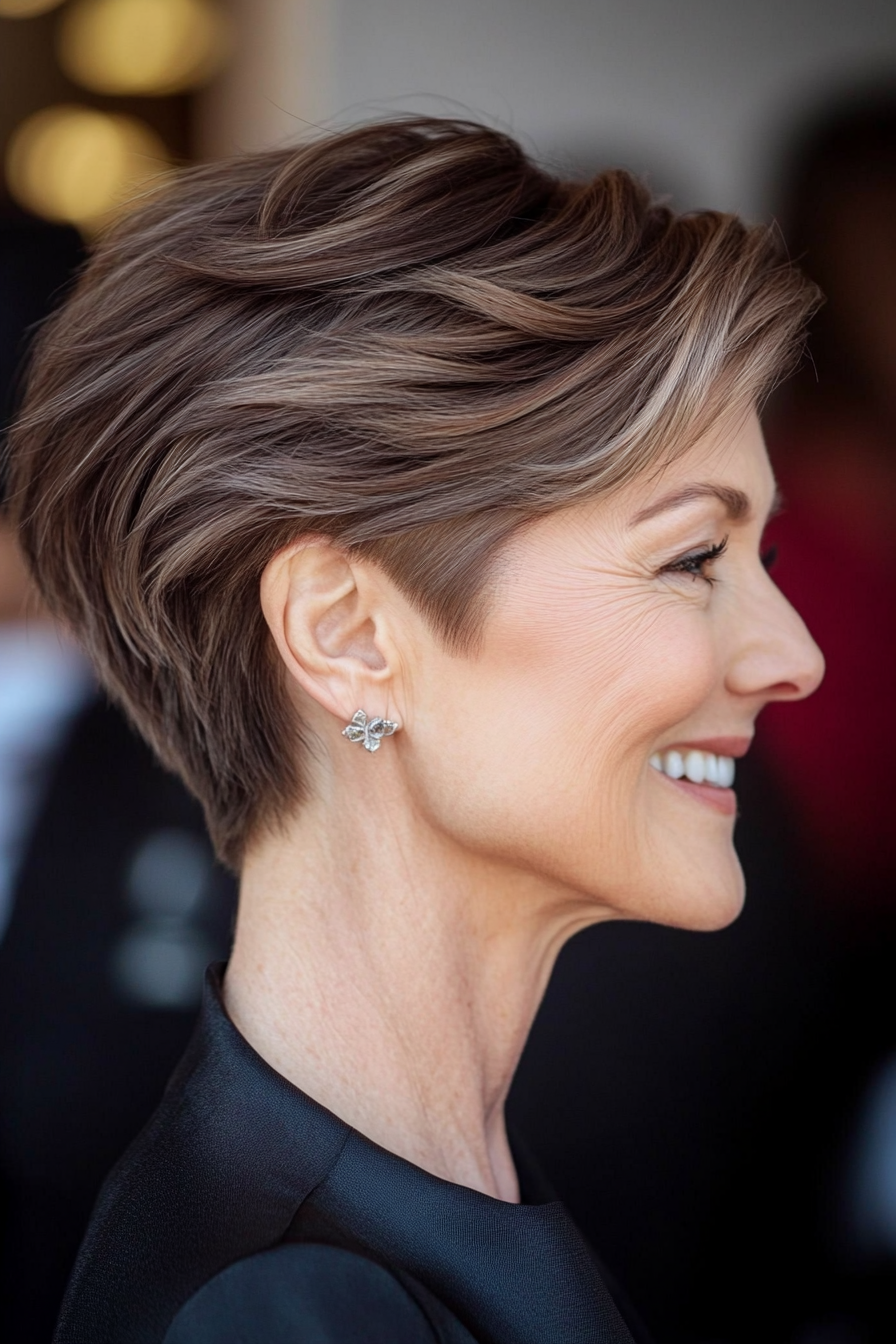 23. Voluminous Pixie in Medium Ash Brown (Short Stylish Hairstyles For Women Over 50) - Short Stylish Hairstyles For Women Over 50