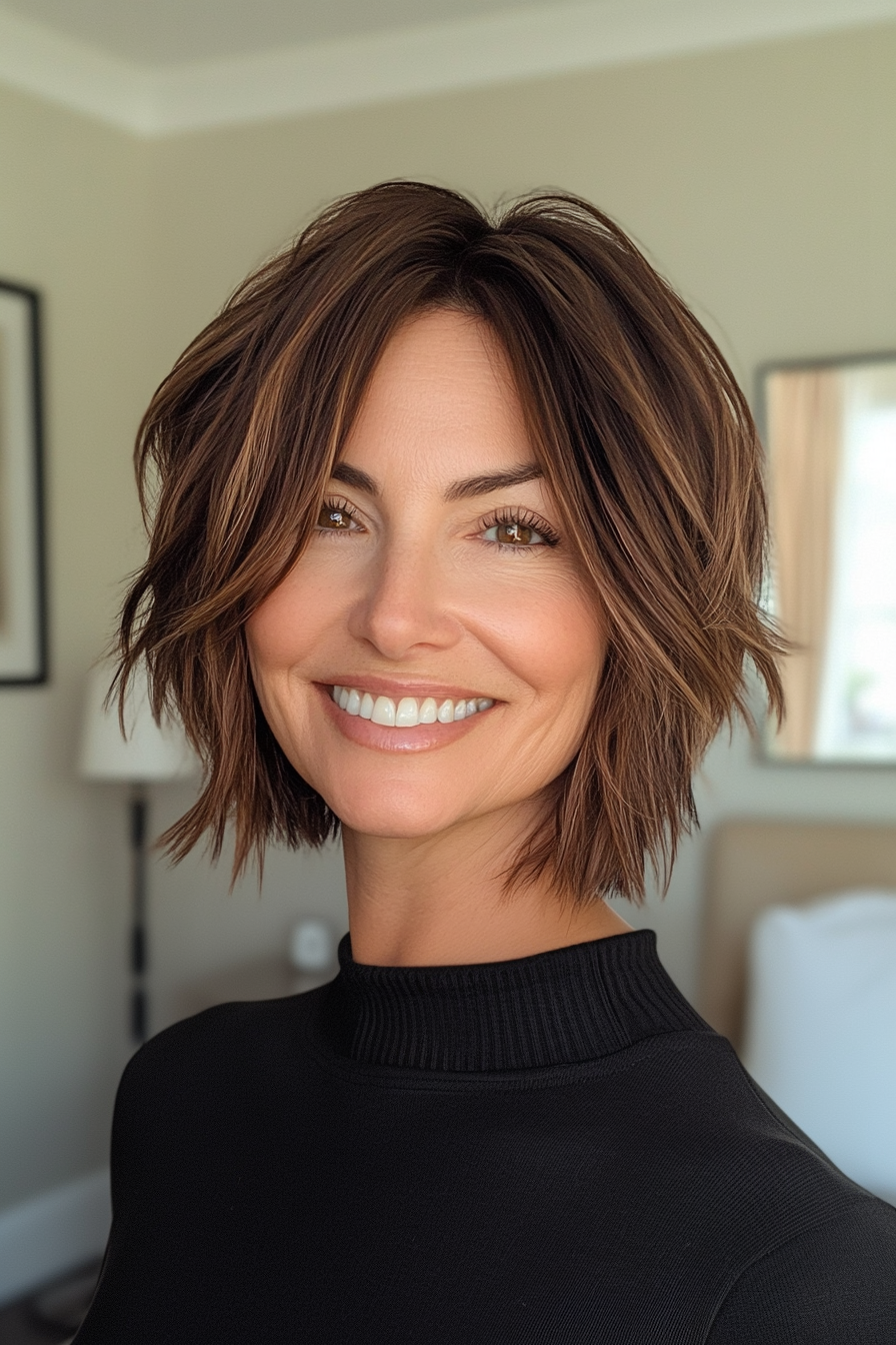 24. Choppy Bob in Dark Caramel Brown (Short Stylish Hairstyles For Women Over 50) - Short Stylish Hairstyles For Women Over 50
