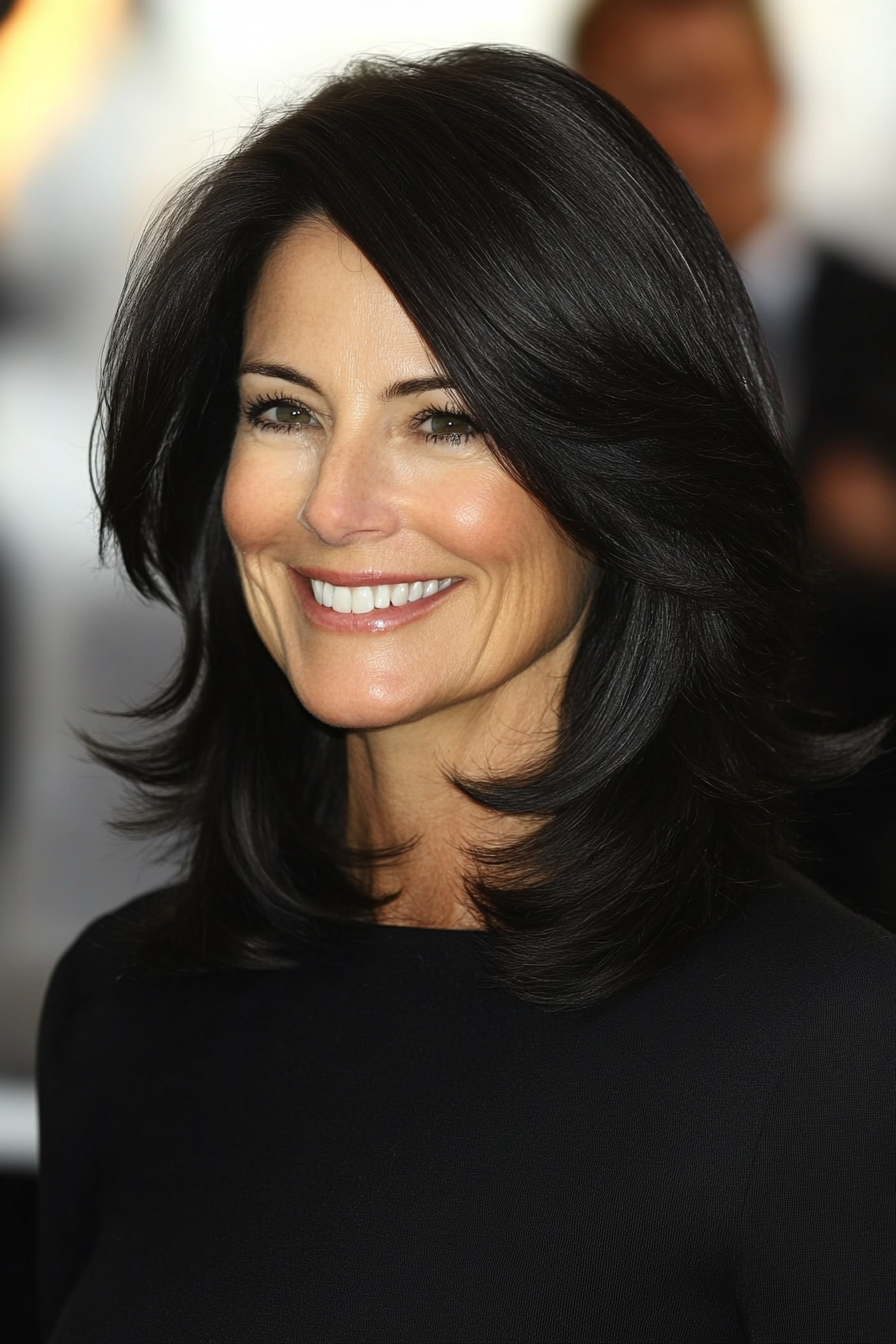 4. Face-Framing Layers with Classic Black (Shoulder Length Layered Haircuts For Older Women) - Shoulder Length Layered Haircuts For Older Women