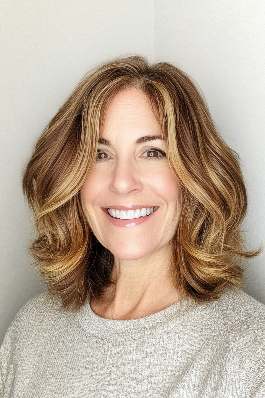 6. Textured Lob with Golden Brown (Shoulder Length Layered Haircuts For Older Women) - Shoulder Length Layered Haircuts For Older Women