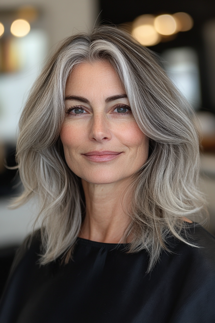7. Sliced Layers with Natural Gray (Shoulder Length Layered Haircuts For Older Women) - Shoulder Length Layered Haircuts For Older Women