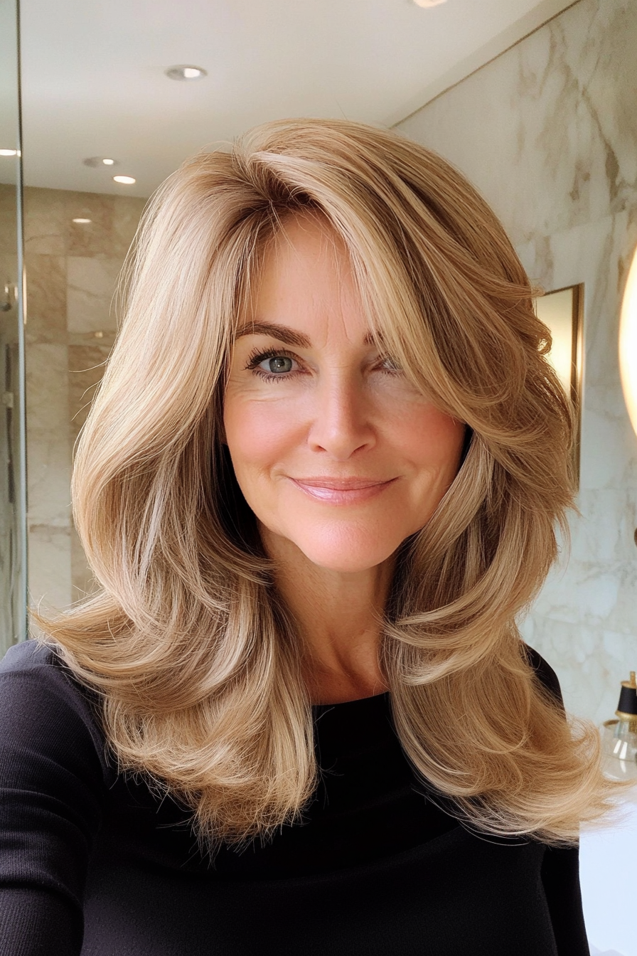 9. Flipped Layers with Light Caramel (Shoulder Length Layered Haircuts For Older Women) - Shoulder Length Layered Haircuts For Older Women