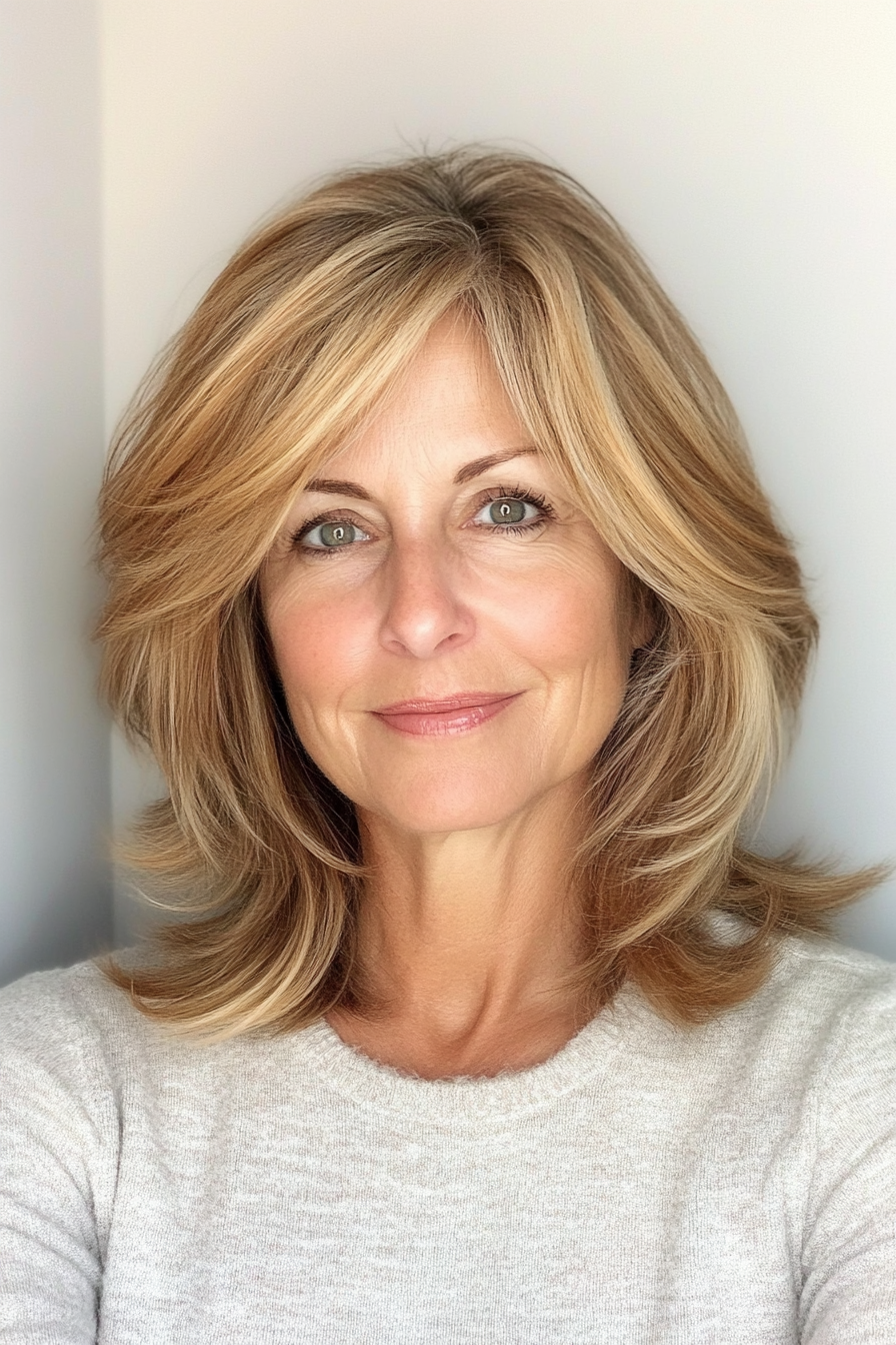10. Layered Lob with Honey Blonde (Shoulder Length Layered Haircuts For Older Women) - Shoulder Length Layered Haircuts For Older Women