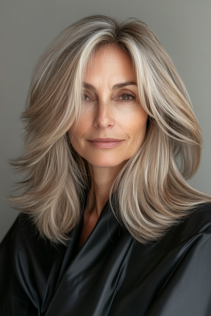 13. Side-Swept Layers with Light Ash Brown (Shoulder Length Layered Haircuts For Older Women) - Shoulder Length Layered Haircuts For Older Women