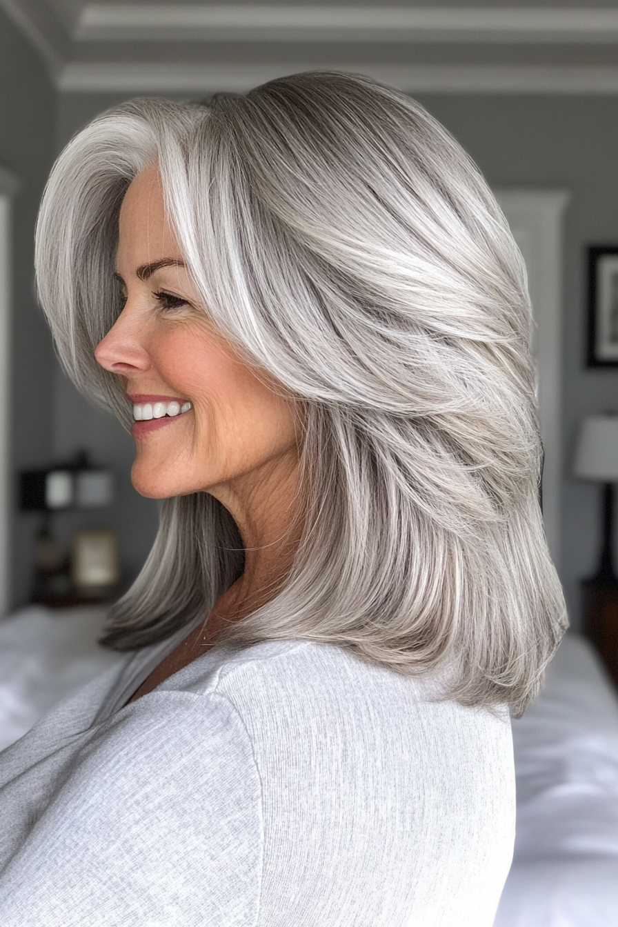 15. Graduated Layers with Silver (Shoulder Length Layered Haircuts For Older Women) - Shoulder Length Layered Haircuts For Older Women