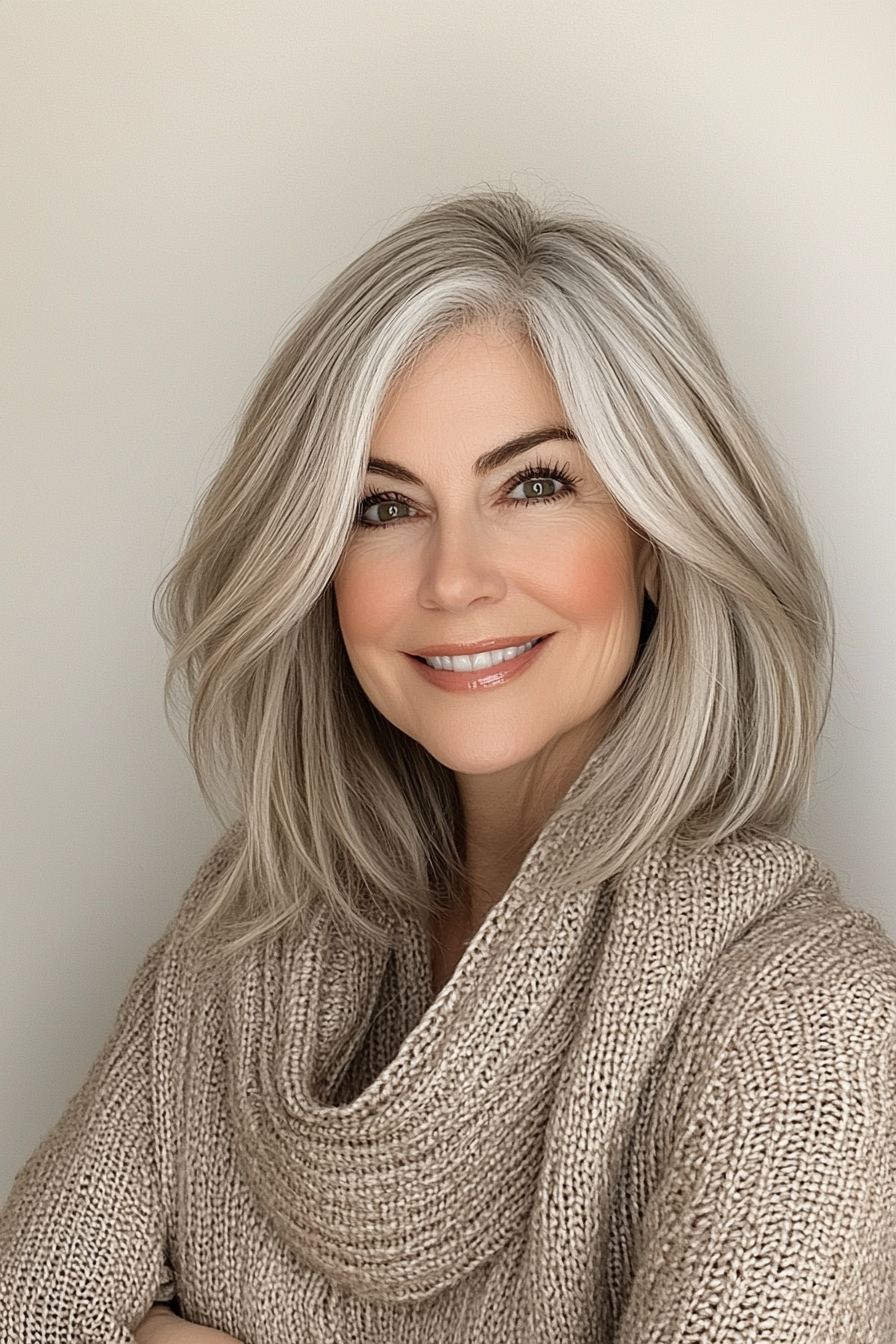 17. Straight-Cut Layers with Cool Beige (Shoulder Length Layered Haircuts For Older Women) - Shoulder Length Layered Haircuts For Older Women