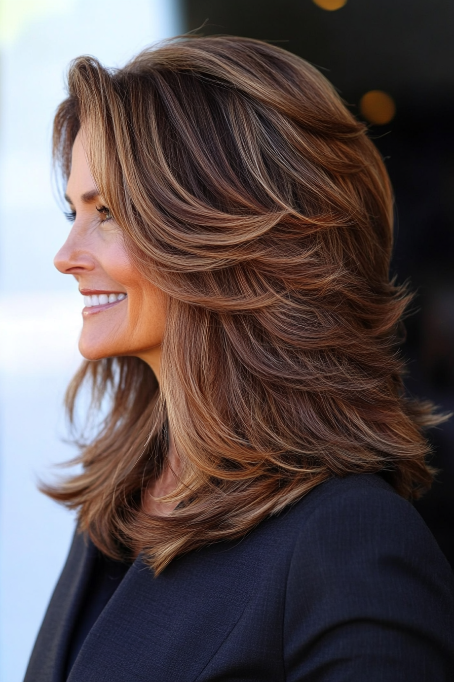 19. Swooped Layers with Hazelnut Brown (Shoulder Length Layered Haircuts For Older Women) - Shoulder Length Layered Haircuts For Older Women