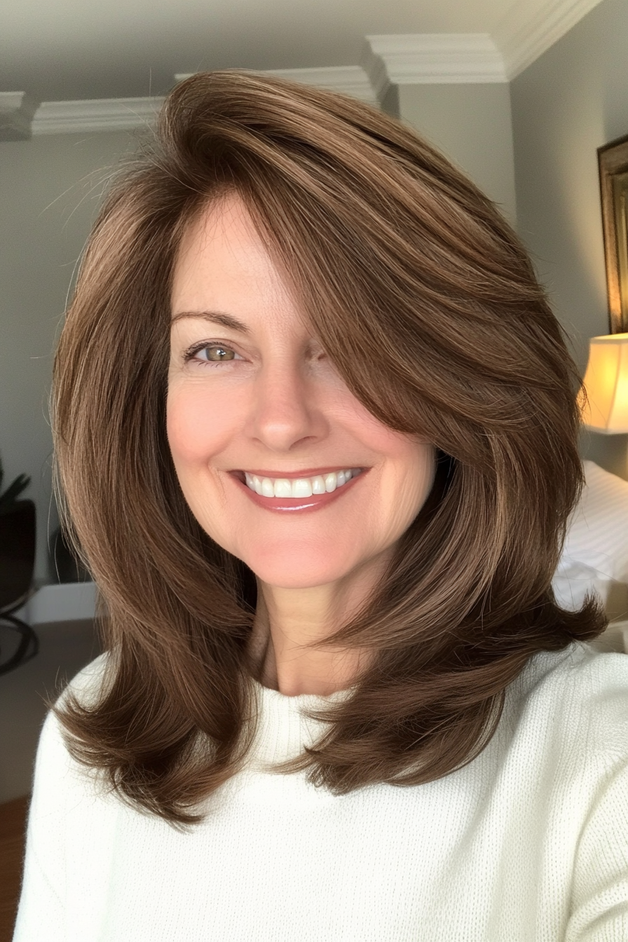 22. Angled Layers with Deep Chestnut (Shoulder Length Layered Haircuts For Older Women) - Shoulder Length Layered Haircuts For Older Women