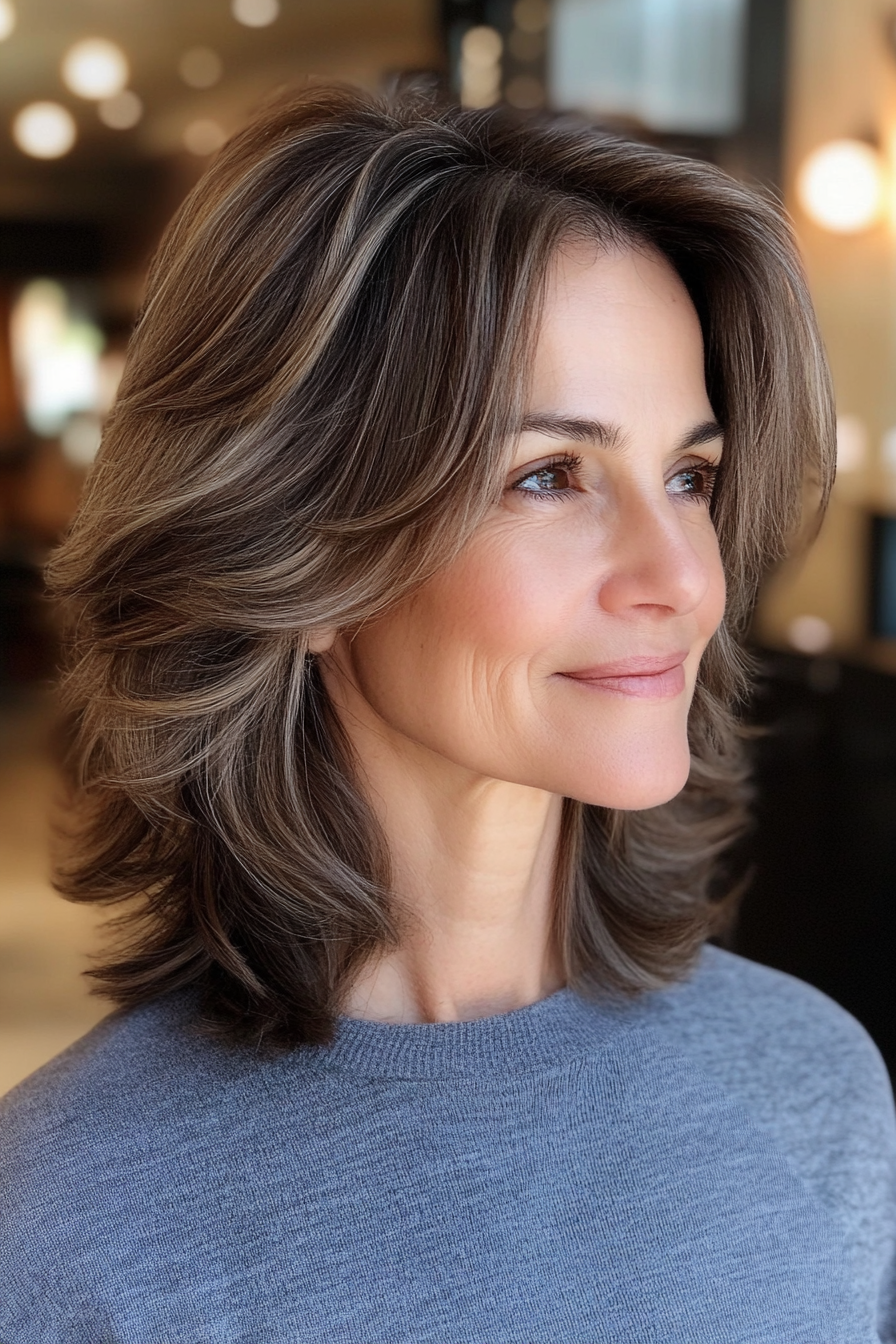 23. Tousled Lob with Natural Brunette (Shoulder Length Layered Haircuts For Older Women) - Shoulder Length Layered Haircuts For Older Women