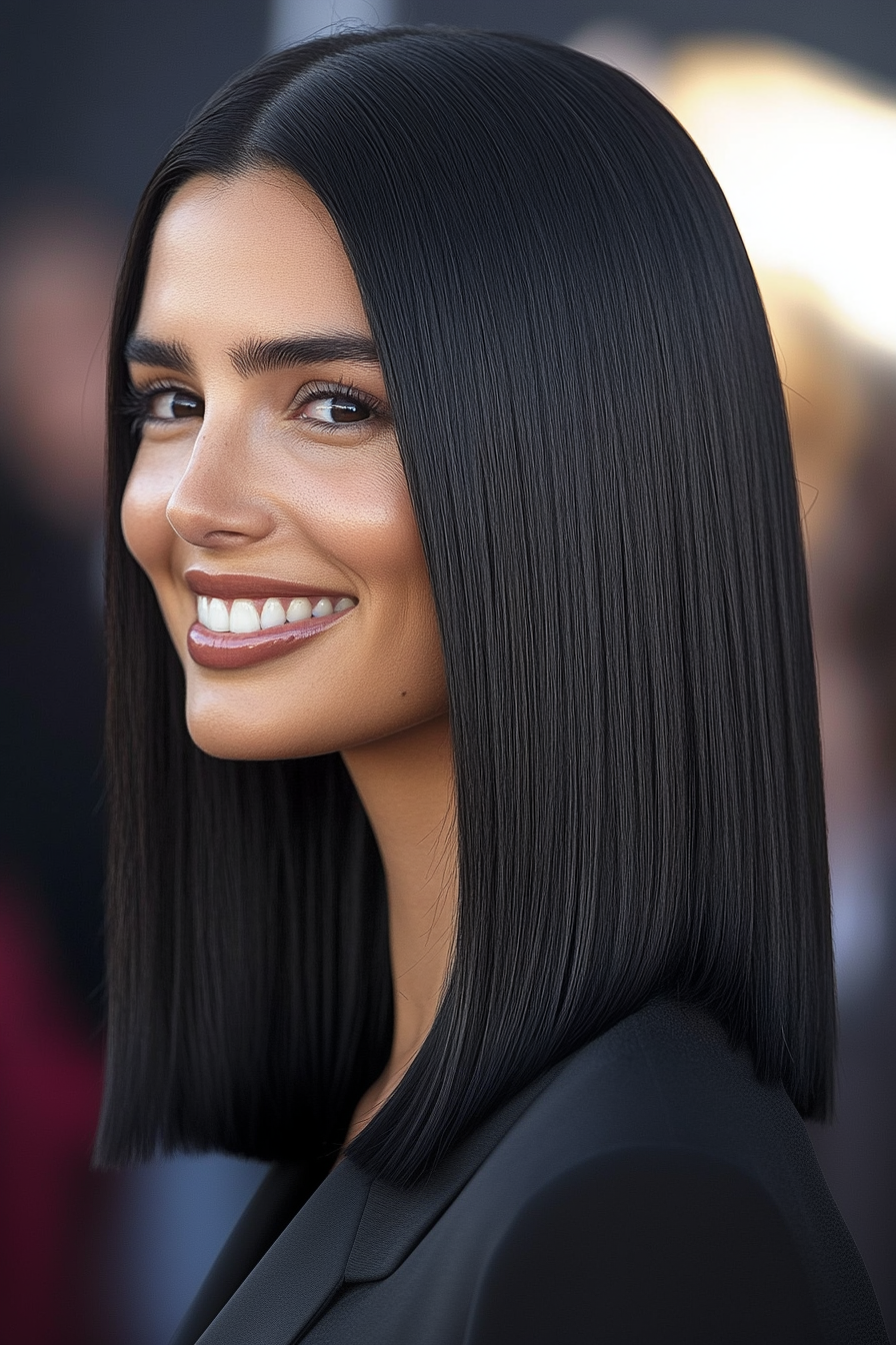 4. Classic Straight Black Lob with Sleek Finish (Straight Hair Haircuts) - Straight Hair Haircuts