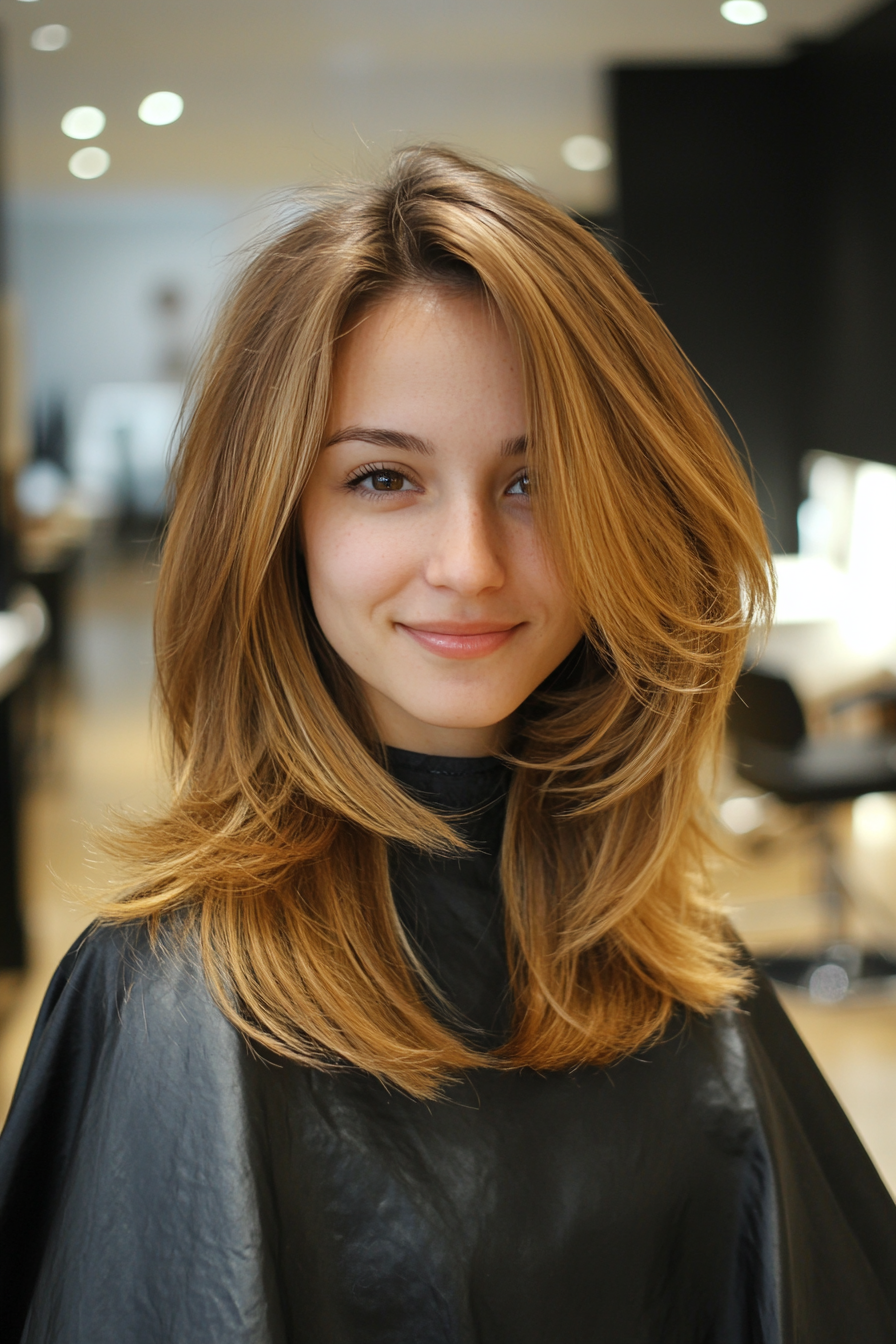 5. Feathered Caramel Layers with Side Part (Straight Hair Haircuts) - Straight Hair Haircuts