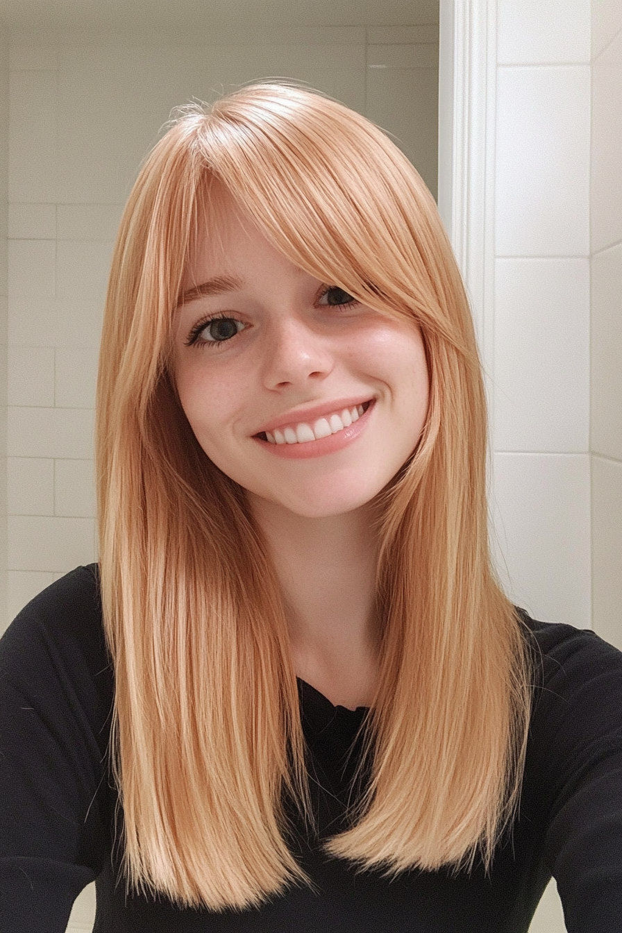 10. Straight Strawberry Blonde Cut with Blunt Bangs (Straight Hair Haircuts) - Straight Hair Haircuts