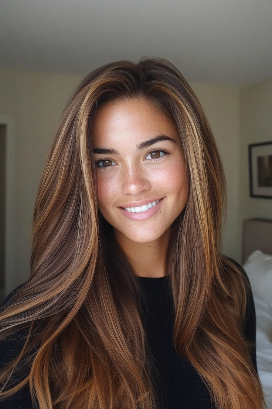 14. Sun-Kissed Brunette Layers with Subtle Highlights (Straight Hair Haircuts) - Straight Hair Haircuts