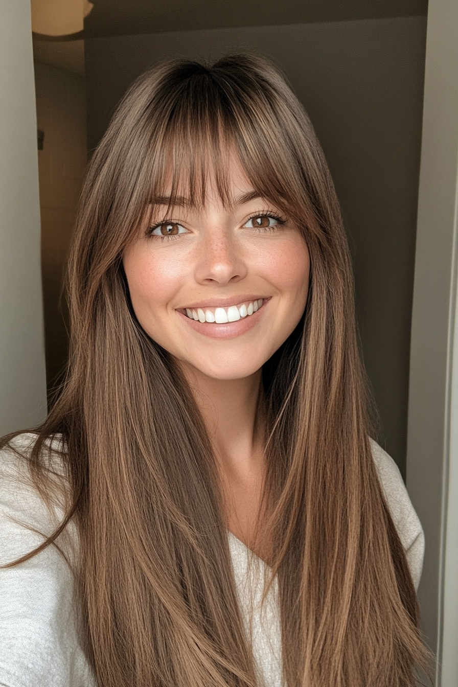 21. Polished Walnut Brown Cut with Long Fringe (Straight Hair Haircuts) - Straight Hair Haircuts