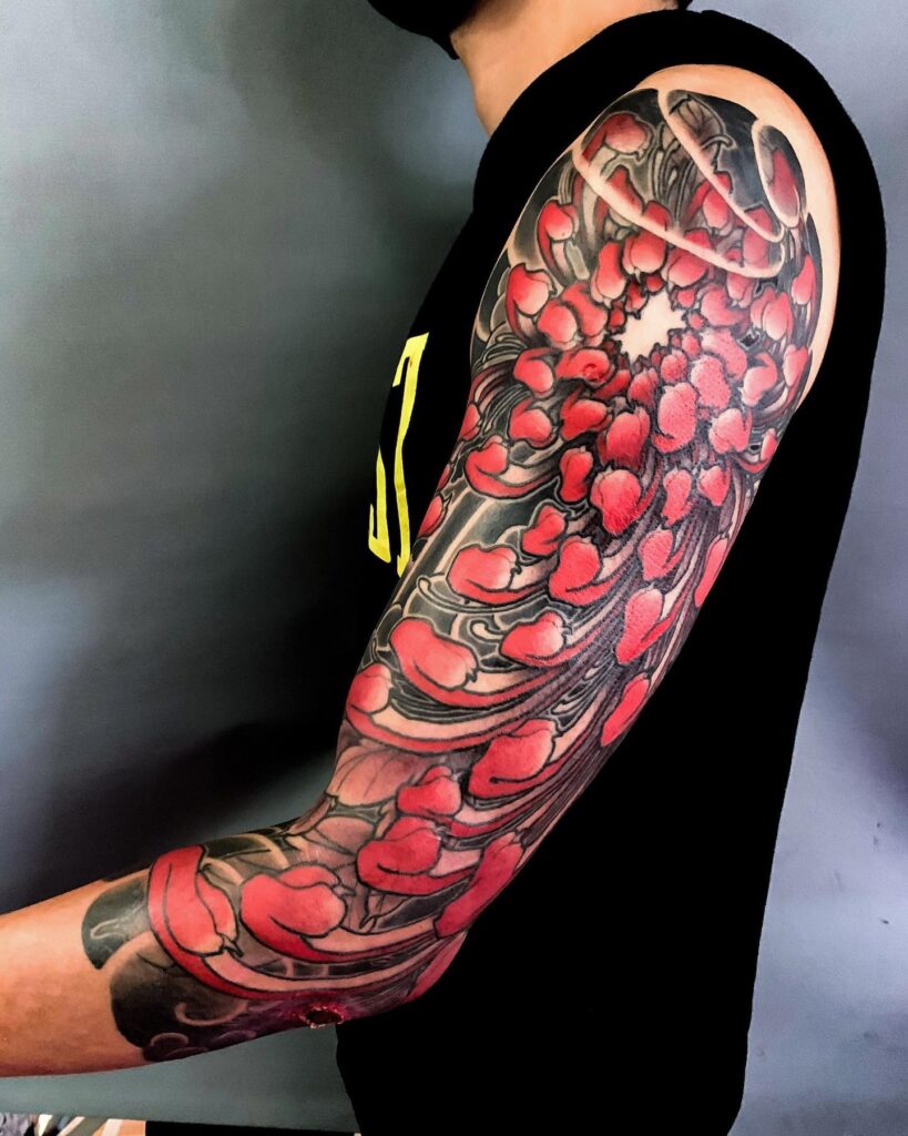 Red Chrysantemum Sleeve Tattoo