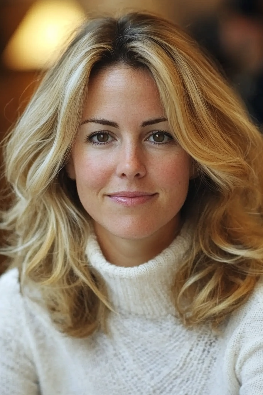 3. Golden Blonde Lob with Feathered Ends (Medium Length Wavy Hairstyles For Women Over 40) - Medium Length Wavy Hairstyles For Women Over 40