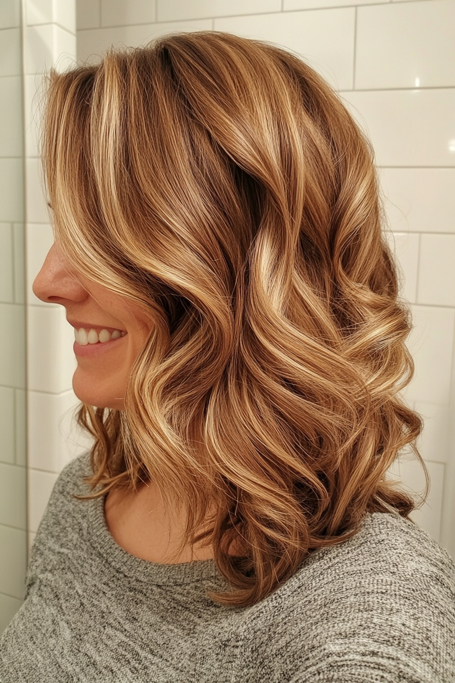 4. Caramel Wavy Layers with Side Part (Medium Length Wavy Hairstyles For Women Over 40) - Medium Length Wavy Hairstyles For Women Over 40