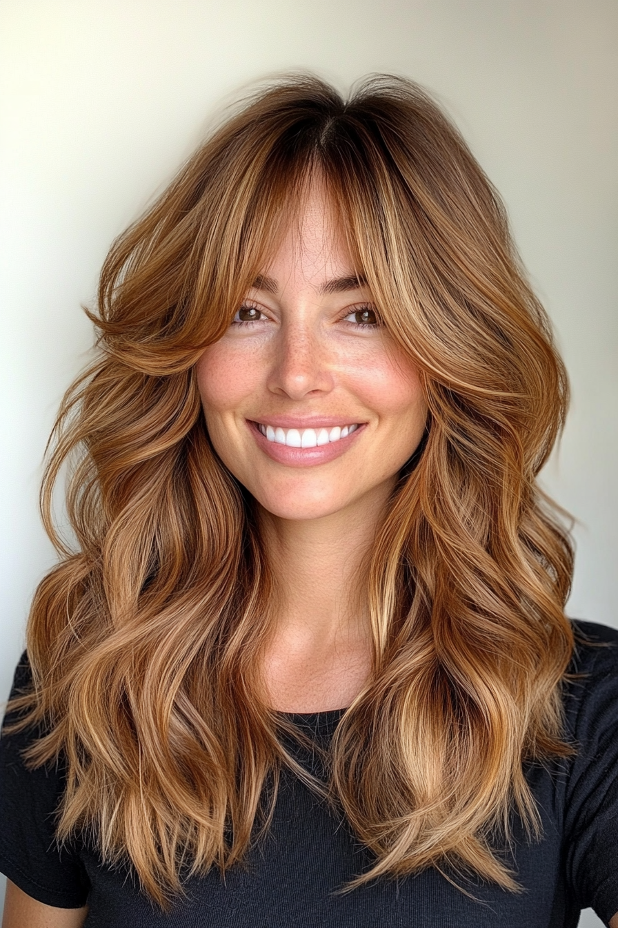 5. Honey Brown Textured Waves with Curtain Bangs (Medium Length Wavy Hairstyles For Women Over 40) - Medium Length Wavy Hairstyles For Women Over 40